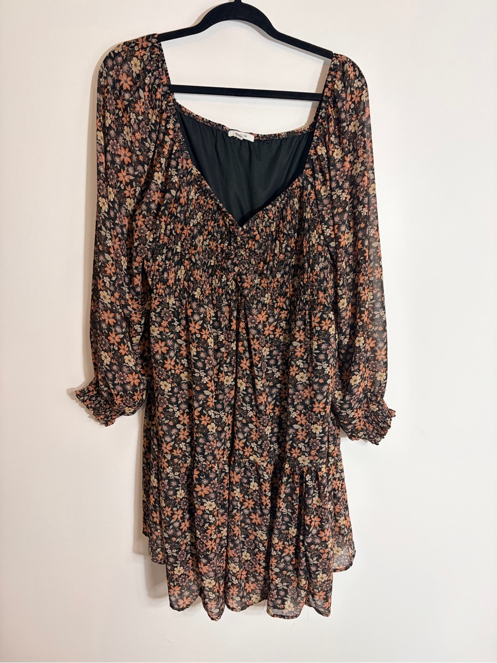 Maurices Black Floral Long-Sleeve Smocked Mini Dress